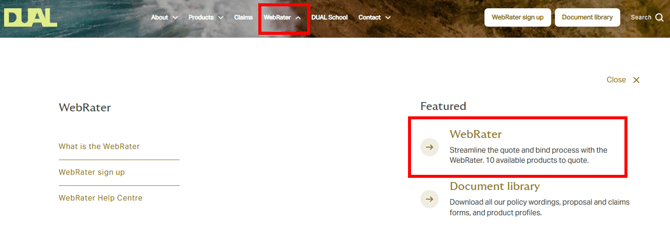 Screenshot of the DUAL Insurance website navigation bar showing the WebRater dropdown menu